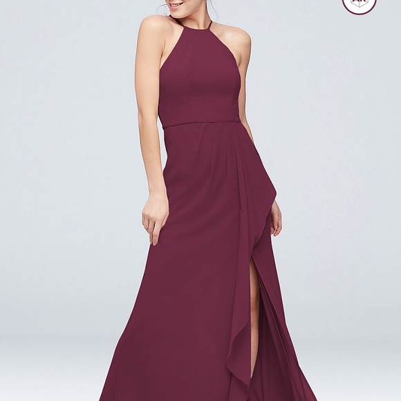 high neck chiffon bridesmaid dress with cascade Cascade with High-Neck Chiffon Bridesmaid Dress